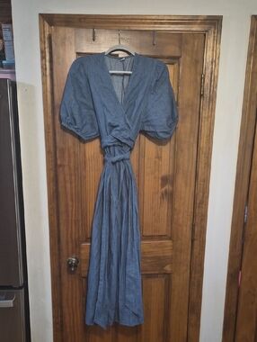 Old Navy Denim-Blue Puff Sleeve Wrap Maxi Dress